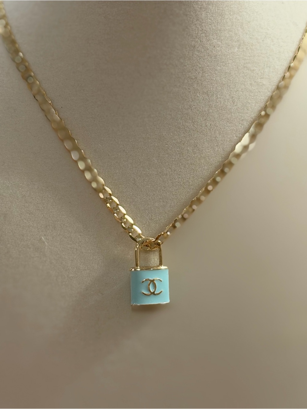 14K Gold Filled Cuban Chain Necklace 18” | Light Blue Padlock Pendant NEW